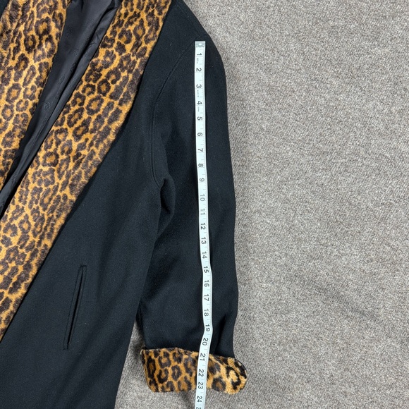 Vintage Black Open Front Wool Coat Leopard Fur Trim Women’s XL Mid Length Retro - Picture 7 of 16